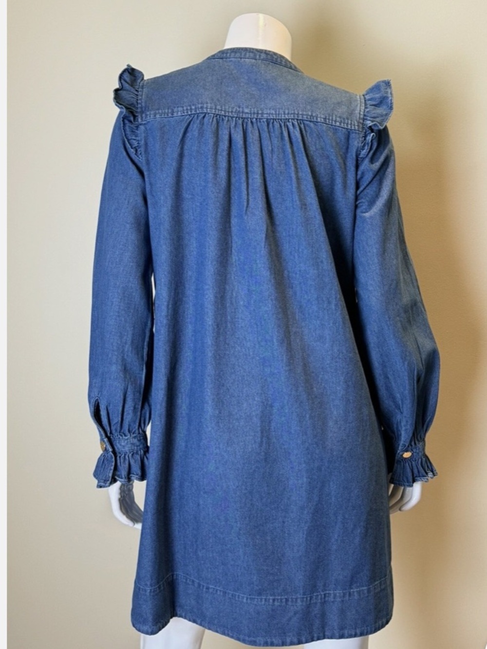 Blue Ruffle Front Long-Sleeve Dress - Picture 6 of 7
